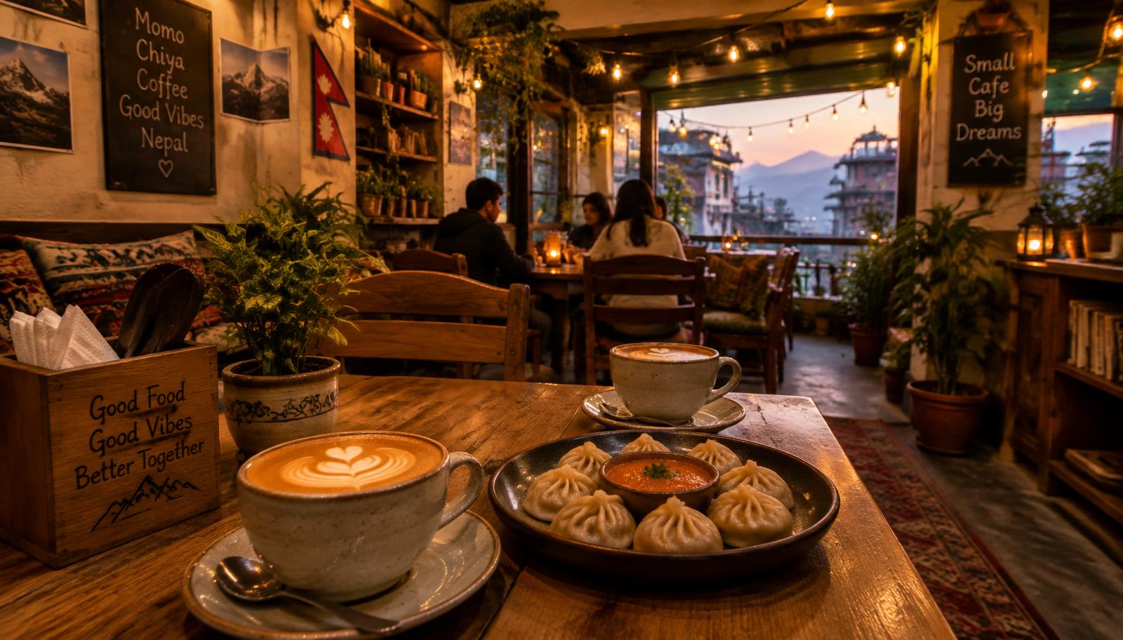Inside The Hang Out Hub & Cafe with latte and momo